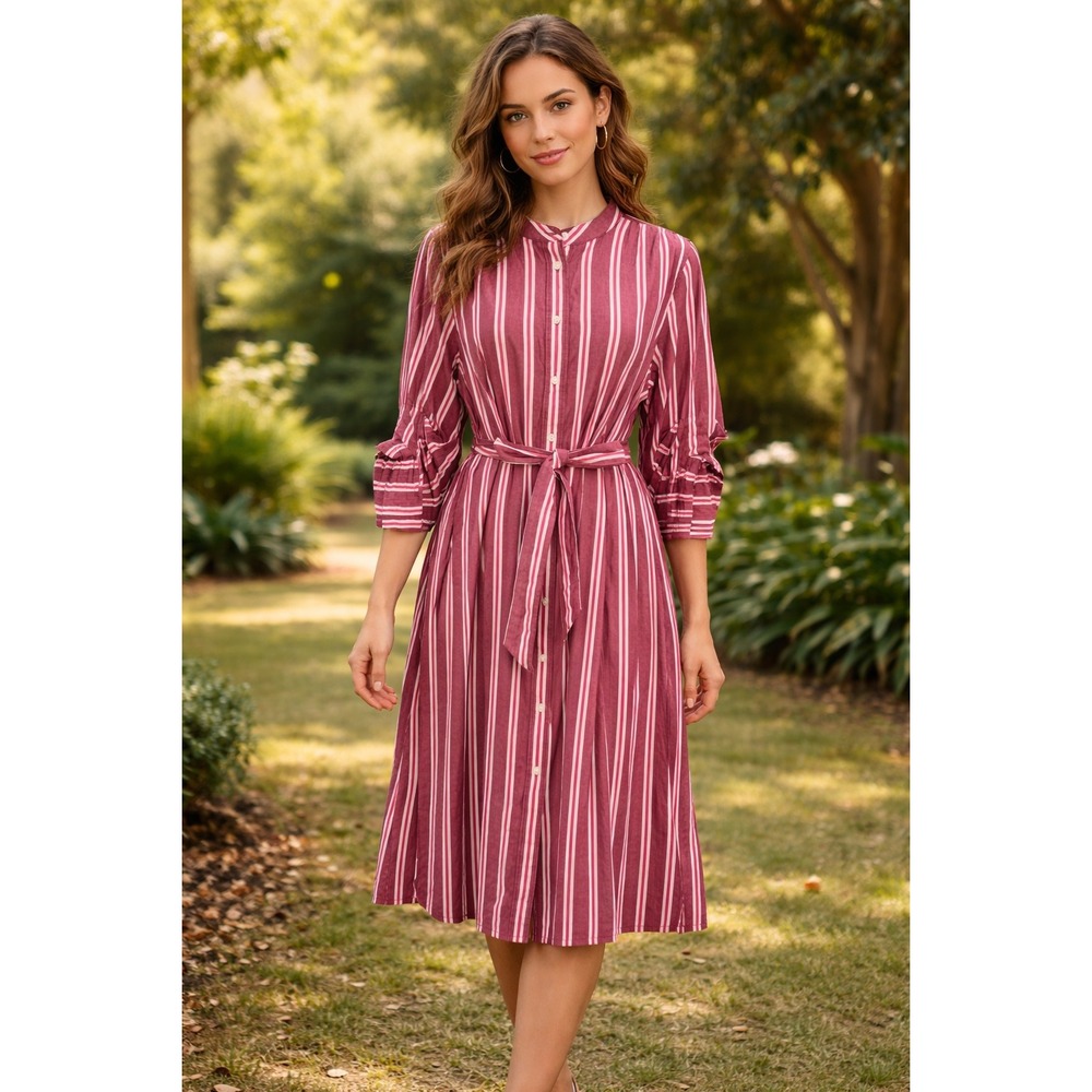 Lands End Stripped Shirt Dress MED Burgundy Pockets Belted Office Career Cotton